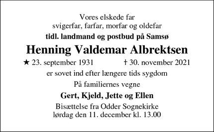 Dødsannoncen for Henning Valdemar Albrektsen - Odder