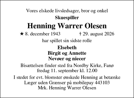 Dødsannoncen for Henning Warrer Olesen - Nordby, Fanø