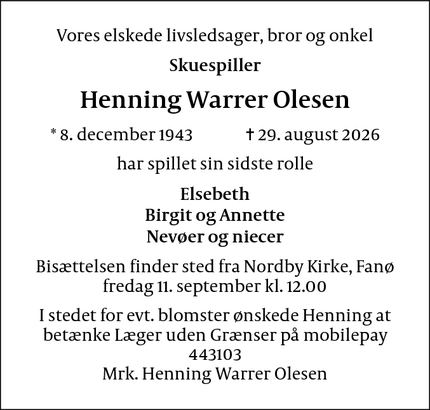 Dødsannoncen for Henning Warrer Olesen - Nordby, Fanø