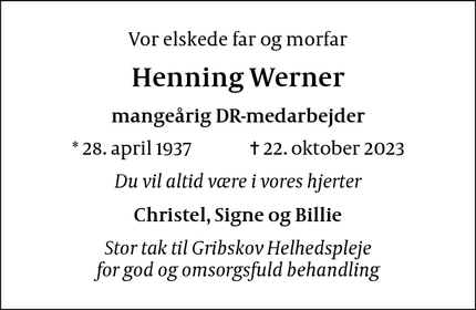 Dødsannoncen for Henning Werner - Vejby