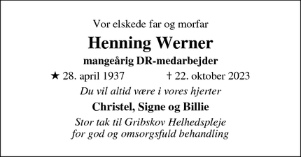 Dødsannoncen for Henning Werner - Vejby