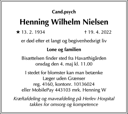 Dødsannoncen for Henning Wilhelm Nielsen - 2840  Gl. Holte