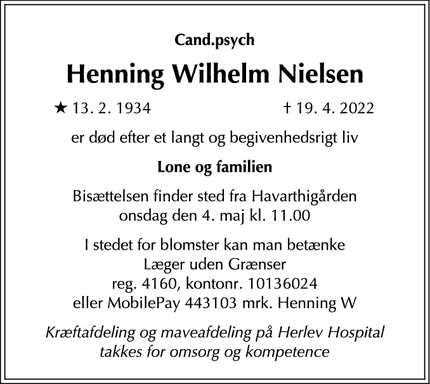 Dødsannoncen for Henning Wilhelm Nielsen - 2840 Gl. Holte