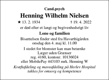 Dødsannoncen for Henning Wilhelm Nielsen - 2840 Gl. Holte