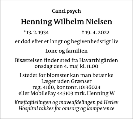 Dødsannoncen for Henning Wilhelm Nielsen - 2840  Gl. Holte
