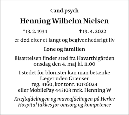 Dødsannoncen for Henning Wilhelm Nielsen - 2840 Gl. Holte