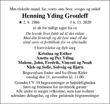 Dødsannoncen for Henning Yding Grouleff - Ørum