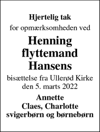 Taksigelsen for Henning
flyttemand
Hansens - Hillerød