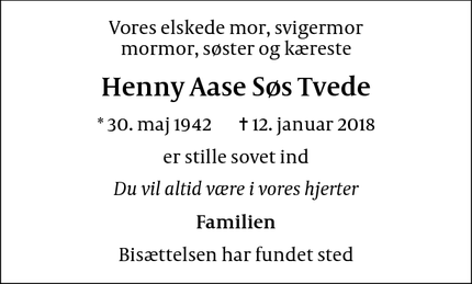 Dødsannoncen for Henny Aase Søs Tvede - Store Heddinge