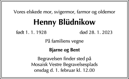 Dødsannoncen for Henny Blüdnikow - Hellerup