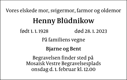 Dødsannoncen for Henny Blüdnikow - Hellerup