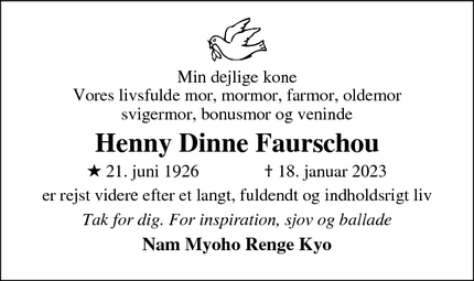 Dødsannoncen for Henny Dinne Faurschou - Sorø