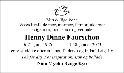 Dødsannoncen for Henny Dinne Faurschou - Sorø