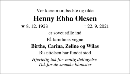 Dødsannoncen for Henny Ebba Olesen - Randers