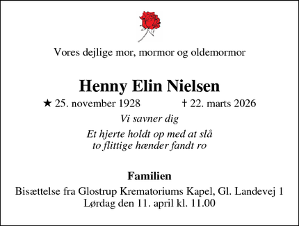 Dødsannoncen for Henny Elin Nielsen - Glostrup
