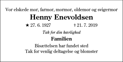 Dødsannoncen for Henny Enevoldsen - Esbjerg