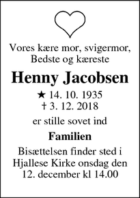 Dødsannoncen for Henny Jacobsen - Odense