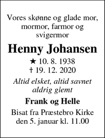 Dødsannoncen for Henny Johansen - Lyngby