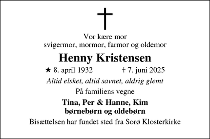Dødsannoncen for Henny Kristensen - Sorø