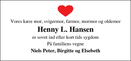 Dødsannoncen for Henny L. Hansen - Assens