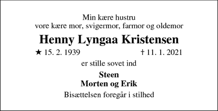 Dødsannoncen for Henny Lyngaa Kristensen - Odense