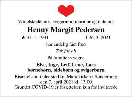 Dødsannoncen for Henny Margit Pedersen - Sønderborg