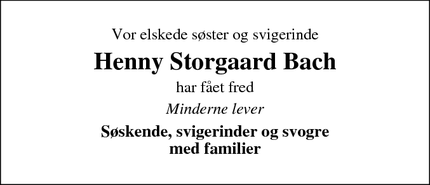 Dødsannoncen for Henny Storgaard Bach - Durup