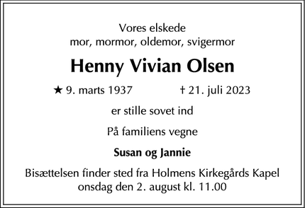 Dødsannoncen for Henny Vivian Olsen - Frederiksberg