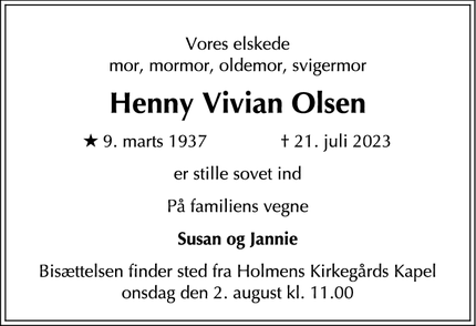 Dødsannoncen for Henny Vivian Olsen - Frederiksberg