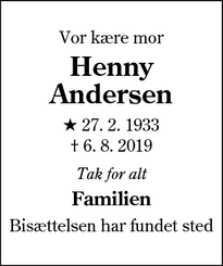 Dødsannoncen for Henny Andersen - Kolding