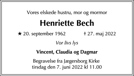Dødsannoncen for Henriette Bech - Charlottenlund