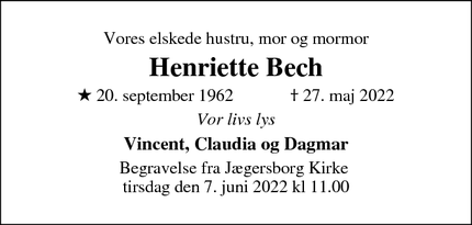 Dødsannoncen for Henriette Bech - Charlottenlund