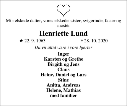 Dødsannoncen for Henriette Lund - Taulov 