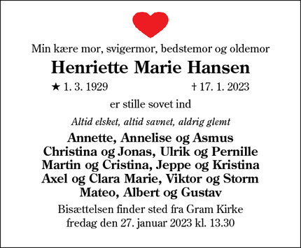 Dødsannoncen for Henriette Marie Hansen - Broager