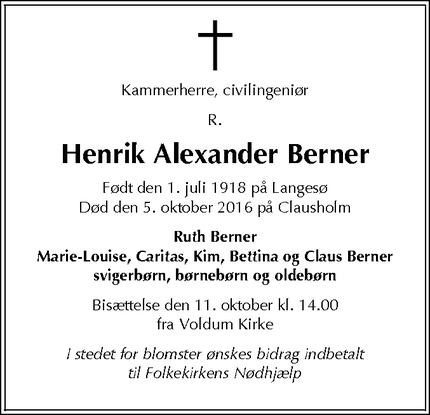 Dødsannoncen for Henrik Alexander Berner - Voldum