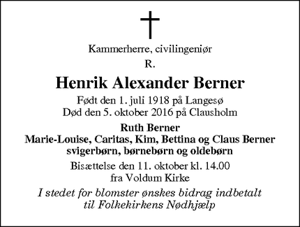 Dødsannoncen for Henrik Alexander Berner - Voldum