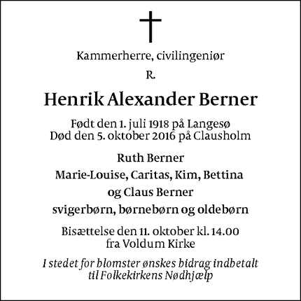 Dødsannoncen for Henrik Alexander Berner - Voldum