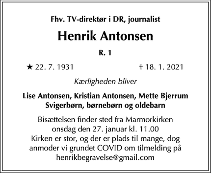 Dødsannoncen for Henrik Antonsen - Charlottenlund