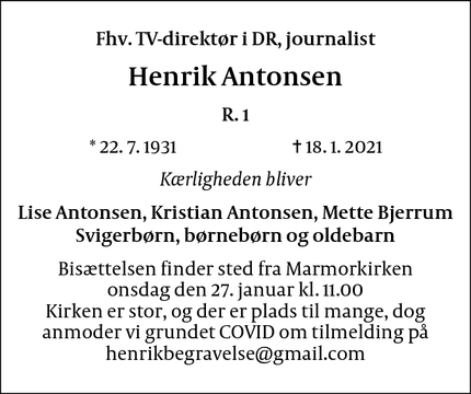 Dødsannoncen for Henrik Antonsen - Charlottenlund