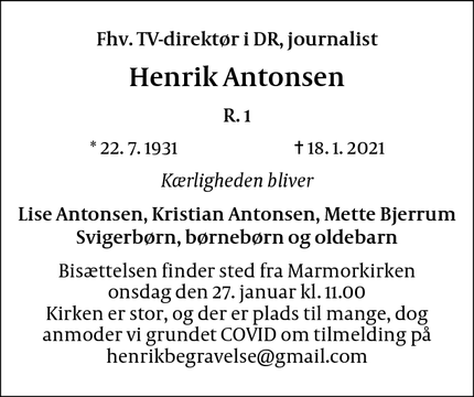 Dødsannoncen for Henrik Antonsen - Charlottenlund
