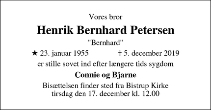 Dødsannoncen for Henrik Bernhard Petersen - Birkerød