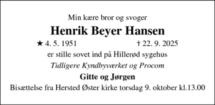 Dødsannoncen for Henrik Beyer Hansen - BRØNDBY