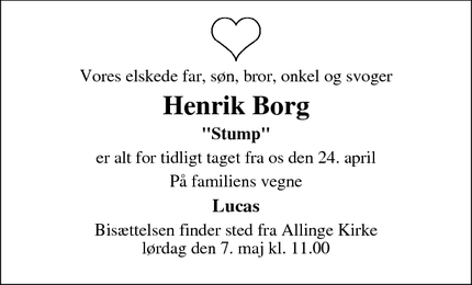 Dødsannoncen for Henrik Borg - Allinge