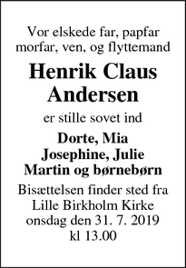 Dødsannoncen for Henrik Claus
Andersen - Herlev 