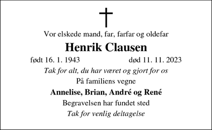 Dødsannoncen for Henrik Clausen - Hillerød