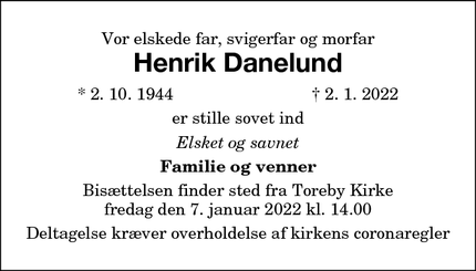 Dødsannoncen for Henrik Danelund - Nykøbing F