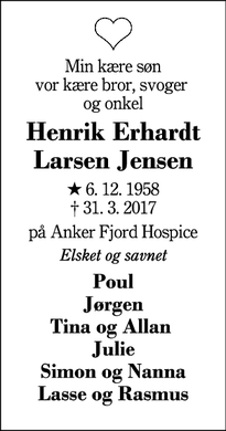 Dødsannoncen for Henrik Erhardt Larsen Jensen - Herning