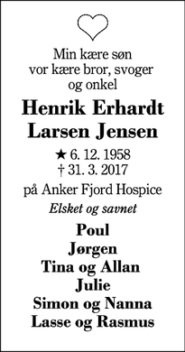 Dødsannoncen for Henrik Erhardt Larsen Jensen - Herning