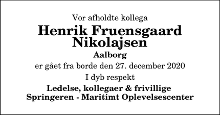 Dødsannoncen for Henrik Fruensgaard
Nikolajsen - Aalborg