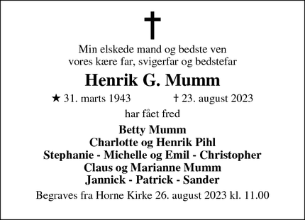 Dødsannoncen for Henrik G. Mumm - Hjørring